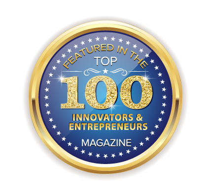 A blue and gold badge with the words " featured in the top 1 0 0 innovators & entrepreneurs magazine ".