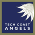 A blue and gold logo with an angel wing.